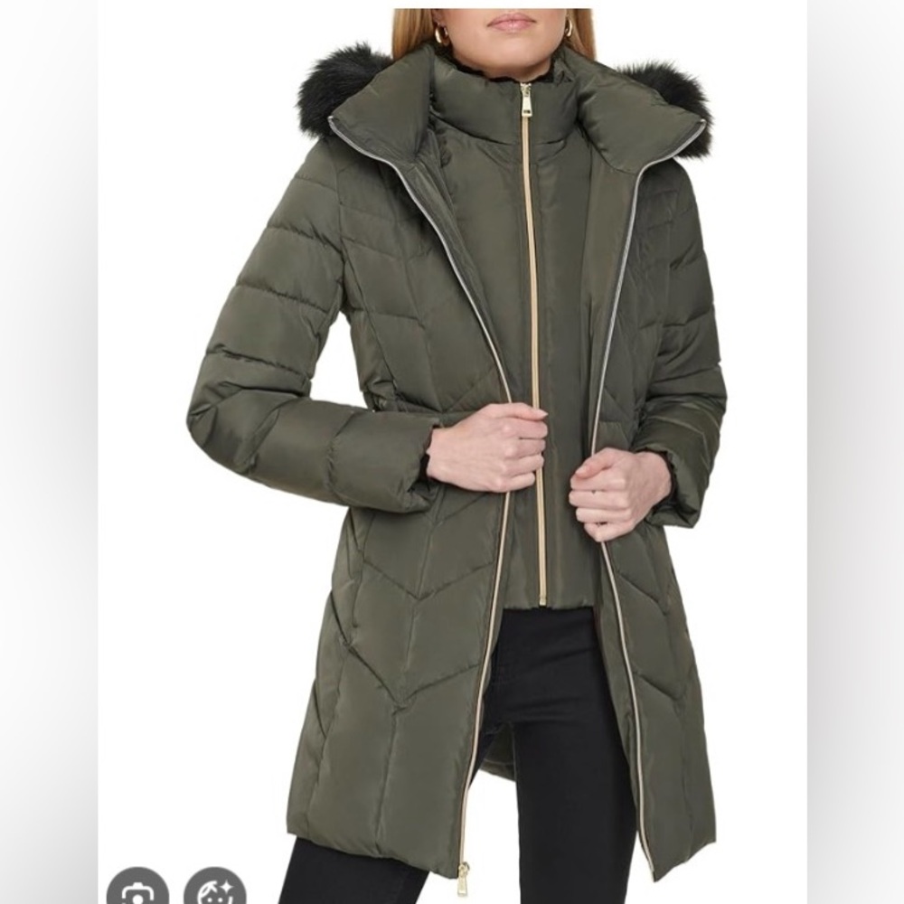 Cole Haan Signature Womens Bib Style Down  Coat Size XS Olive Green
